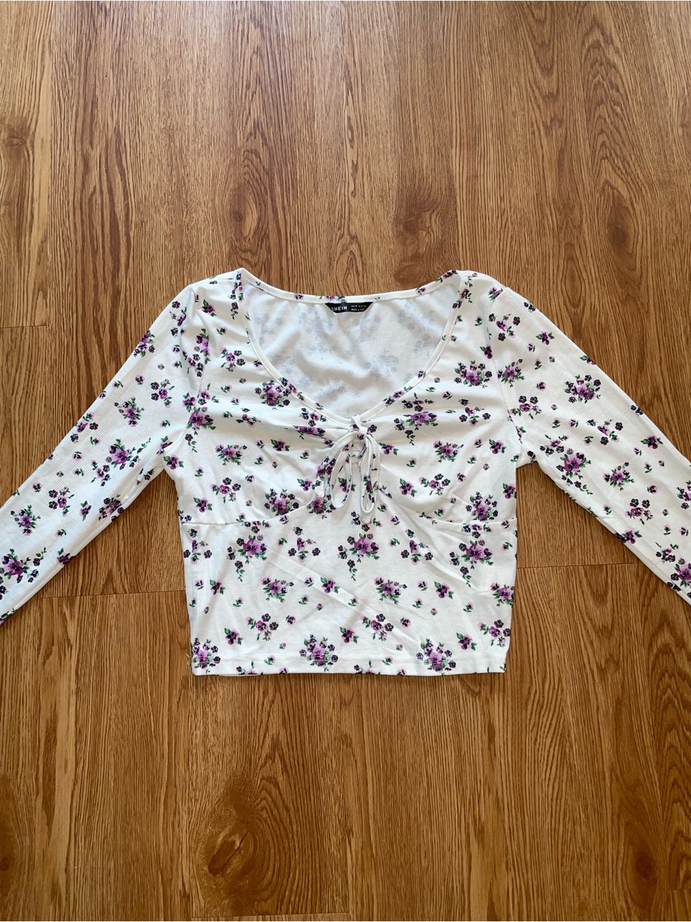 SHEIN White Crop Top with Purple Floral Tie-Front